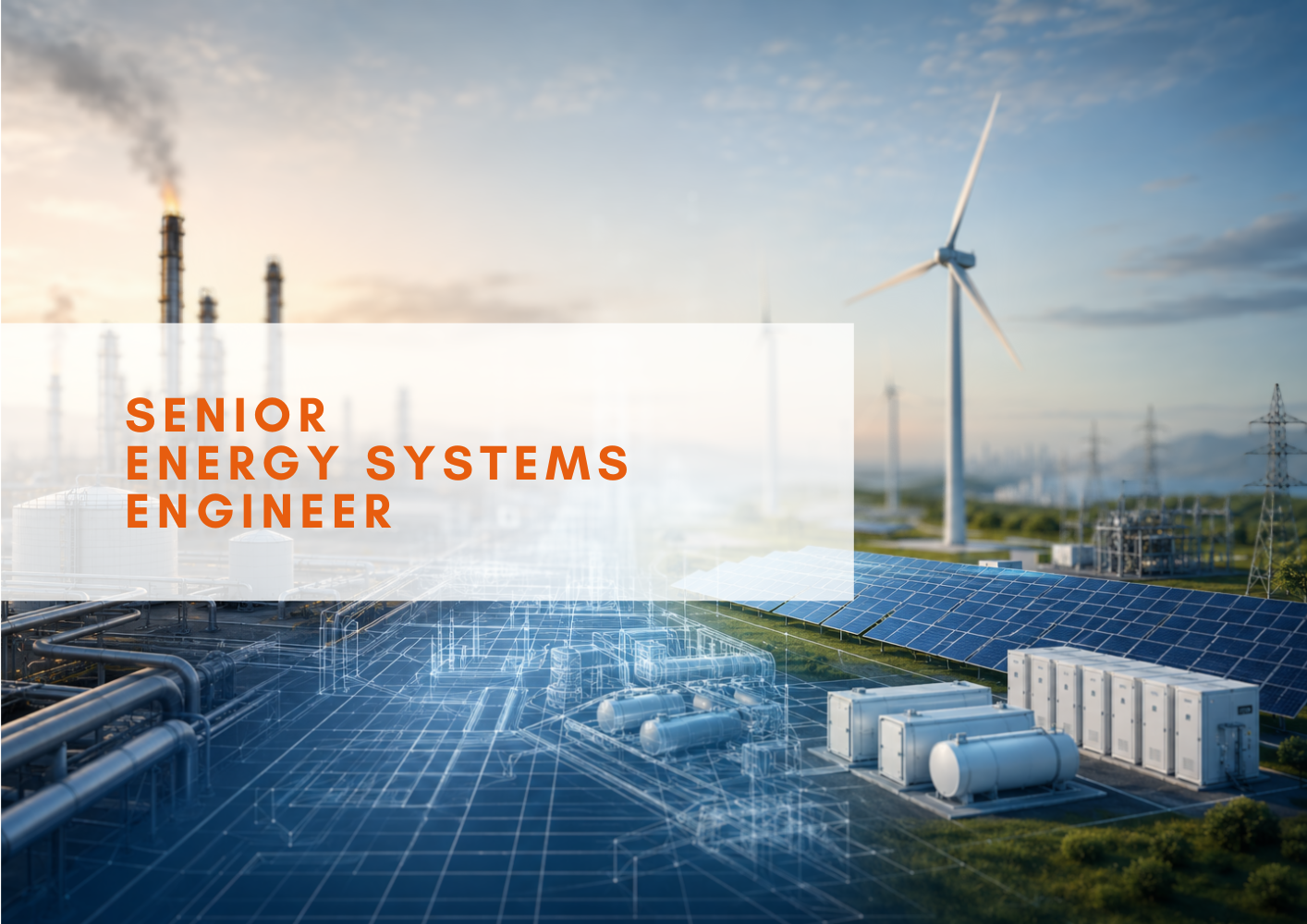 Senior Energy Systems Engineer job graphic showing oil and gas infrastructure, renewable energy assets, solar panels, wind turbines and a digital engineering design grid.